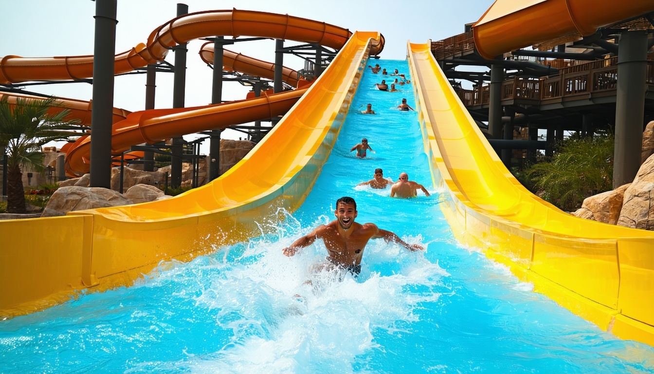 Visitors enjoying waterslides at Aquaventure World Dubai