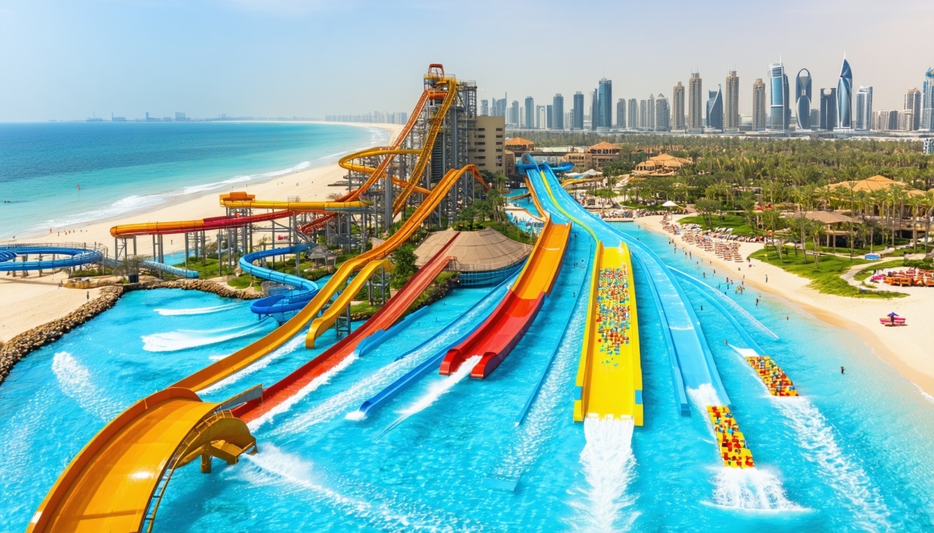 Aerial view of Aquaventure World Dubai with water rides and private beach