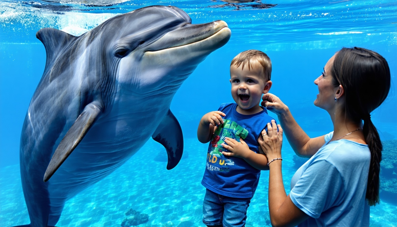 Family interacting with dolphins in the marine animal encounter